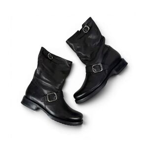 Frye Veronica Short Black Leather Moto Boots Women 9.5 B Slouch Shaft Buckles
